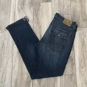 True Religion Mens Jeans Size 36/34 Geno Relaxed Slim Dark Wash Blue Logo